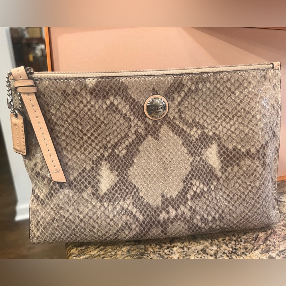 Like NEW COACH python print bag/pouch with zip closure tan/brown creme snake